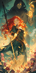 anime redhead woman tarot card design