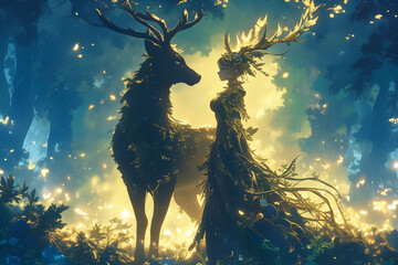 stag and nymph in the forest at night