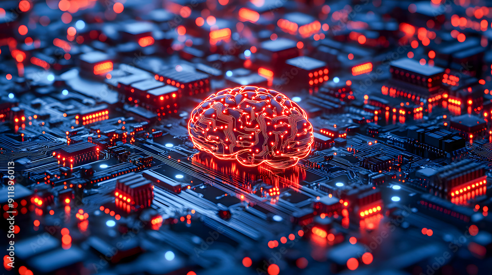 Poster futuristic digital brain microchip on a circuit board with glowing lights electricity and power surg