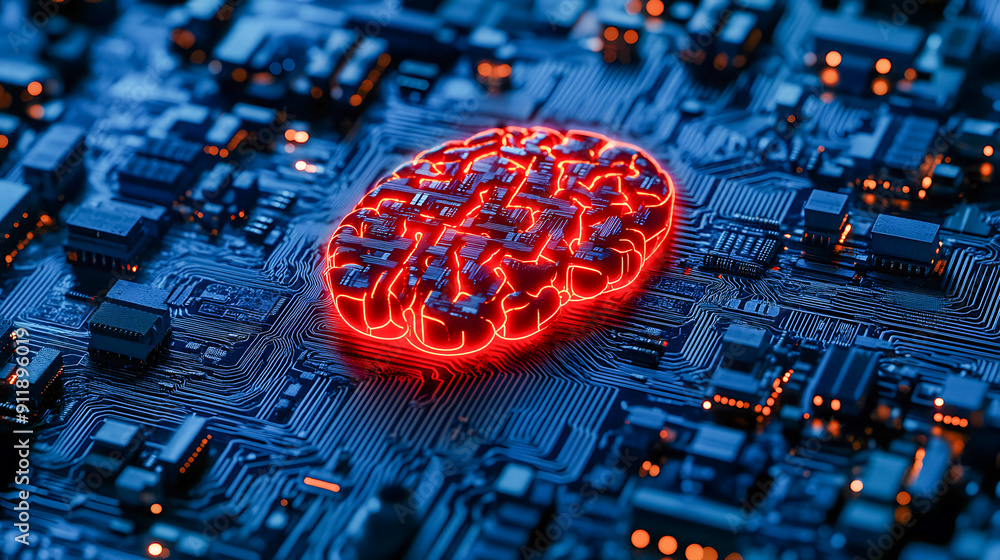 Poster glowing red brain like circuit board diagram on futuristic digital computer motherboard background w