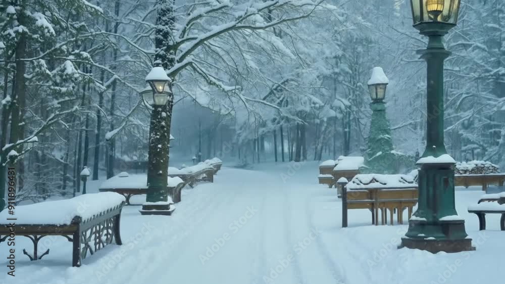 Poster snowfall in winter park with lanterns illuminating the path generative ai