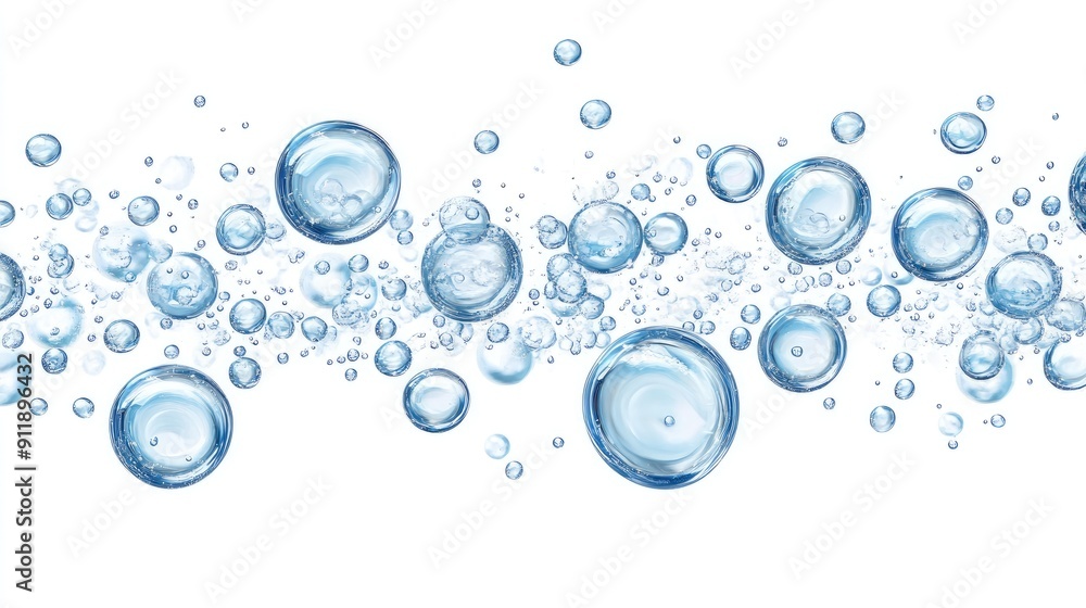 Poster a series of blue bubbles floating in the air. the bubbles are of various sizes and are scattered thr