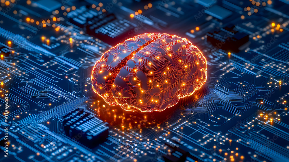 Poster glowing digital brain on futuristic microchip circuit conceptual image representing intelligence mac