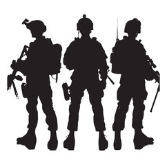 Soldier and Army Force vector silhouette black and white background.