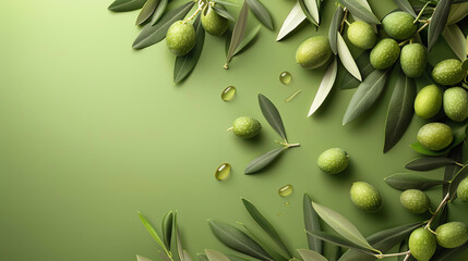 Green olives with leaves on a green background.
