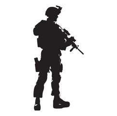 Soldier and Army Force vector silhouette black and white background.