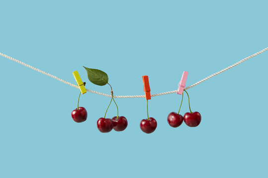Ripe cherries hanging on clothesline with multicoloured wooden pins