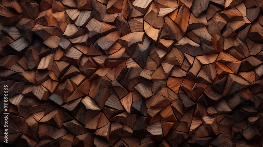 Poster a textured background made of interlocking wooden pieces, showcasing various shades of brown and int
