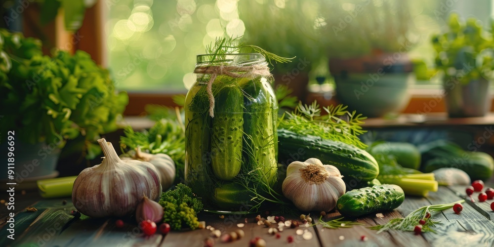 Poster cucumbers and garlic prepped for pickling with dill and currant leaves on the table