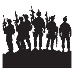 Soldier and Army Force vector silhouette black and white background.