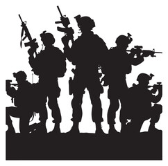 Naklejka premium Soldier and Army Force vector silhouette black and white background.