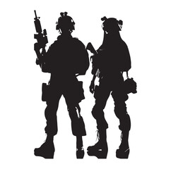 Soldier and Army Force vector silhouette black and white background.