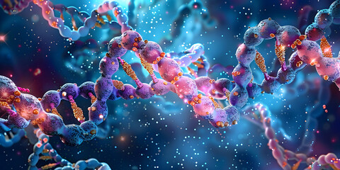 Microscopic illustration of DNA double helix structure, highlighting gene silencing techniques with RNA interference, CRISPR-Cas9, and antisense oligonucleotides, for genetic research applications.