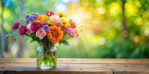 Beautiful arrangement of colorful flowers in a glass vase on a wooden table, floral, bouquet, blooming, decoration, vibrant