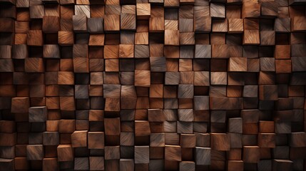 A textured wall made of various wooden cubes arranged in a grid pattern, showcasing different shades of brown and wood grain.