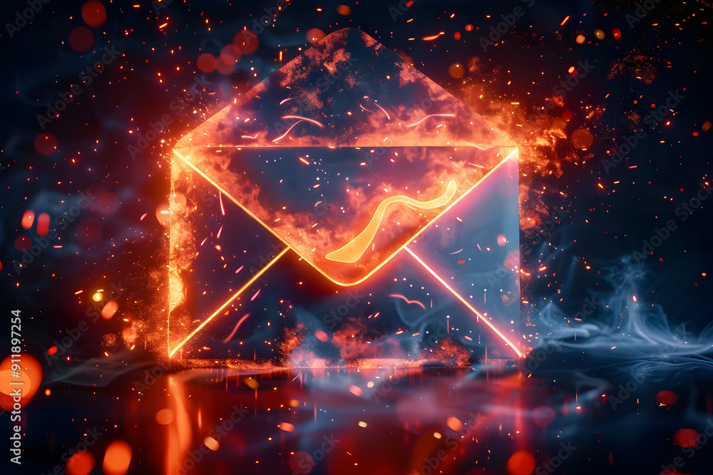 Poster futuristic open envelope with fiery glow and dark backdrop