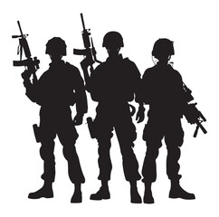 Soldier and Army Force vector silhouette black and white background.