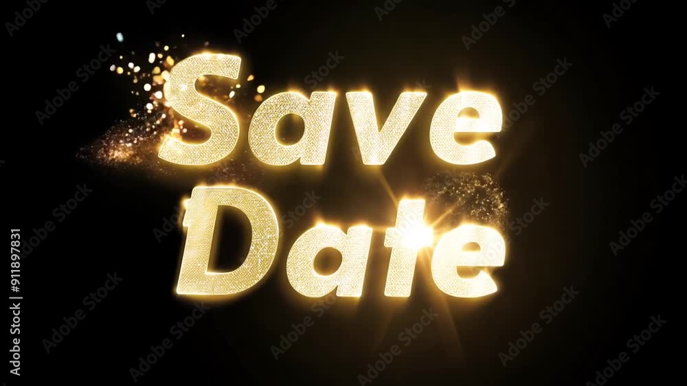 Poster save the date announcement with sparkling gold letters generative ai
