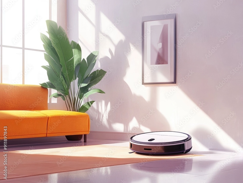 Poster sleek and sophisticated ai powered robot vacuum that effortlessly automates home cleaning for a mode