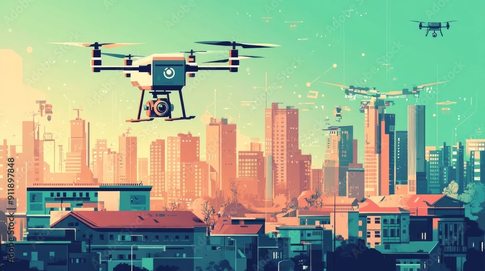 Poster drone delivery service soaring over futuristic cityscape with skyscrapers and modern architecture of