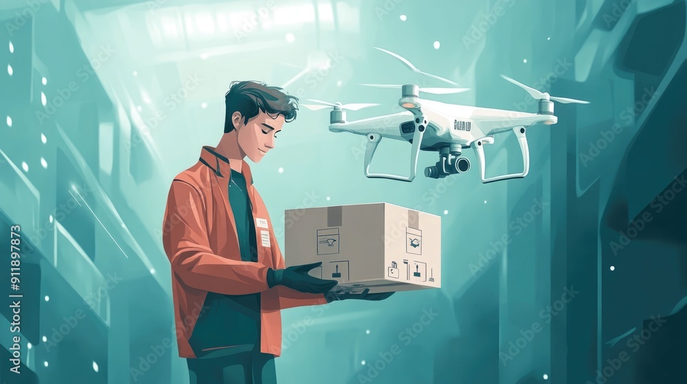 Poster futuristic drone delivery service featuring a flat design the image showcases an autonomous drone ca