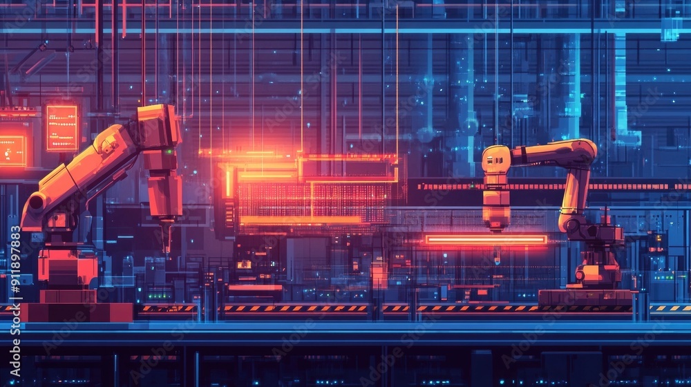 Poster futuristic factory automation scene featuring advanced and robotic systems complex machinery and a s