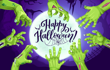Zombie hands and Halloween midnight moon. Fall season festive background, Happy Halloween celebration vector backdrop or banner. Autumn horror party with zombie, living dead hands and full moon