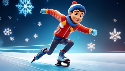 Obraz premium A boy in a red jacket ice skates on a frozen lake