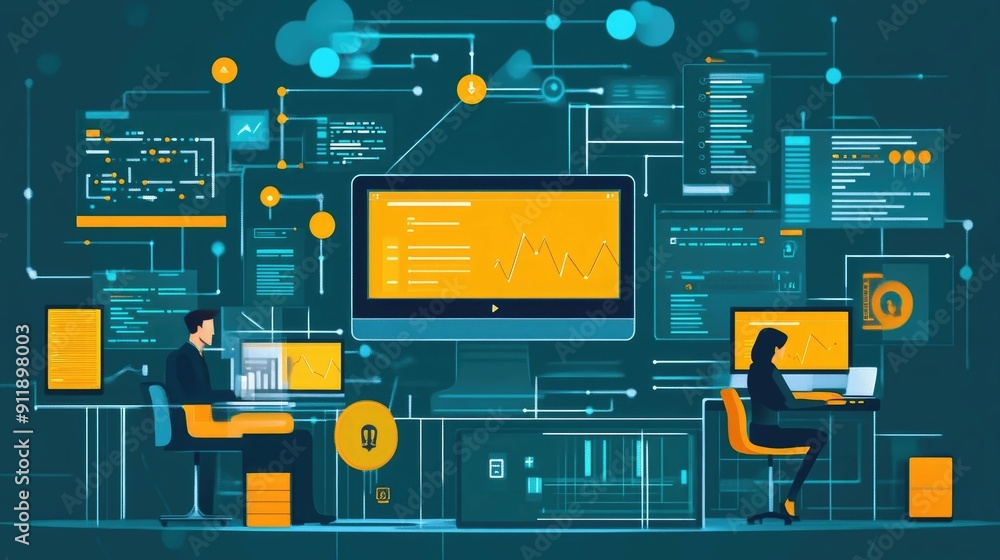 Poster software development and database management illustrated in a flat design style with interconnected 