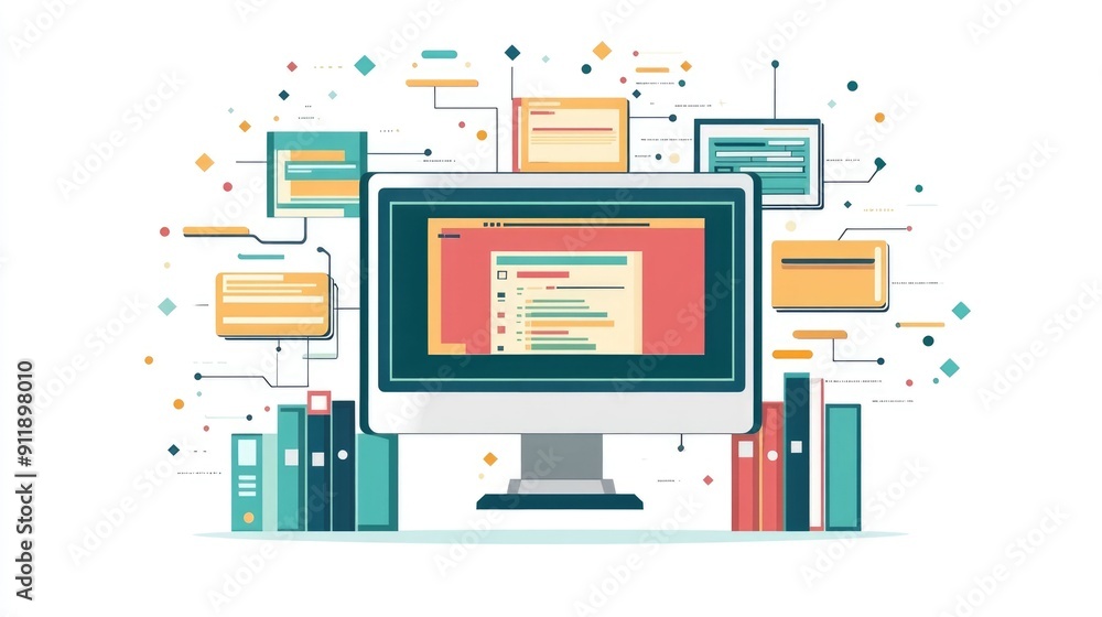 Poster flat design depicting the concepts of software development database management and digital workplace