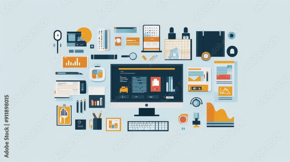 Poster flat design of a software development and user interface design workspace depicts a minimalist offic