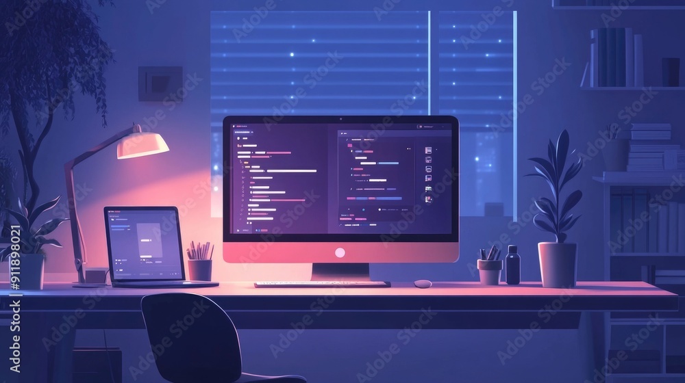 Poster a software development workspace featuring a clean modern desktop setup with a flat design on the co