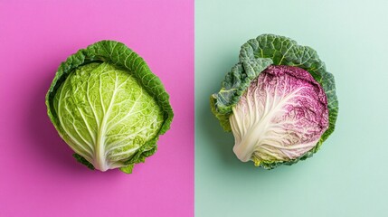 Fototapeta premium Green and red cabbage on pink and green background.