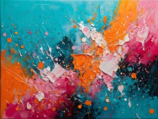 Abstract Textured Splatter Painting Wall Art Print Artwork Orange Teal Gradient