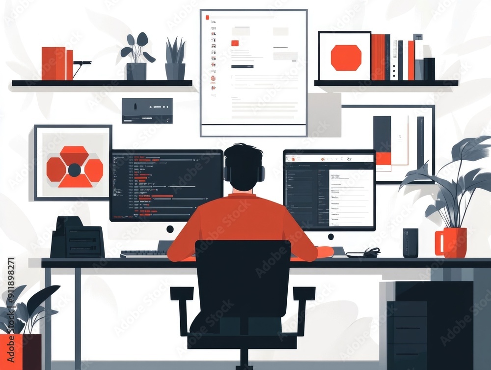 Poster flat design depicting a software development workspace and performance optimization tools the image 