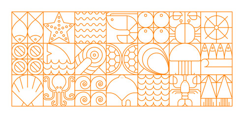 Seafood line modern geometric pattern of vector sea food fish and animals. Abstract geometric background with outline orange oyster, shrimp, octopus and squid, salmon, crab and lobster square tiles
