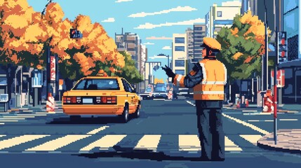 Fototapeta premium An 8-bit pixel art security guard directing traffic at a city event