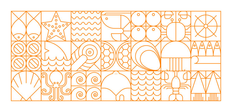 Seafood line modern geometric pattern of vector sea food fish and animals. Abstract geometric background with outline orange oyster, shrimp, octopus and squid, salmon, crab and lobster square tiles