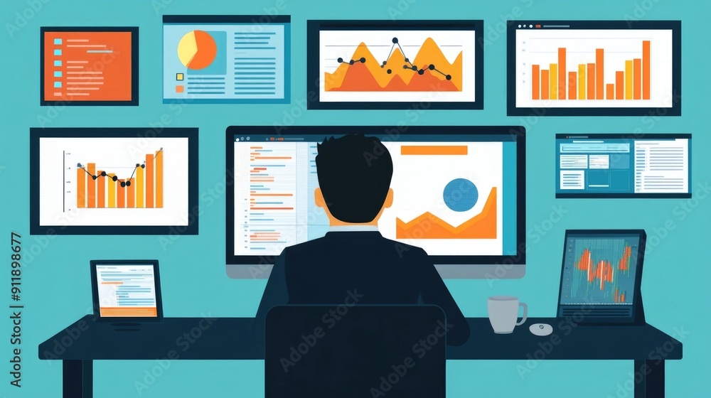 Poster software development performance monitoring flat design with analytics graphs charts and dashboards 