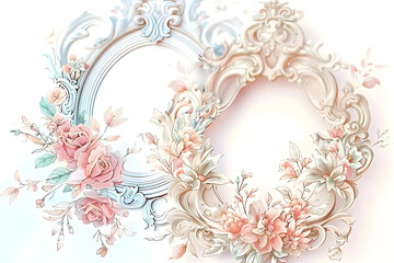 Delicate watercolor crest adorns a set of ornate vintage wedding frames in soft pastel hues, showcasing elegance and romance in a whimsical illustration.