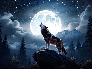 Alpha Male Wolf on top of mountain howling at full moon