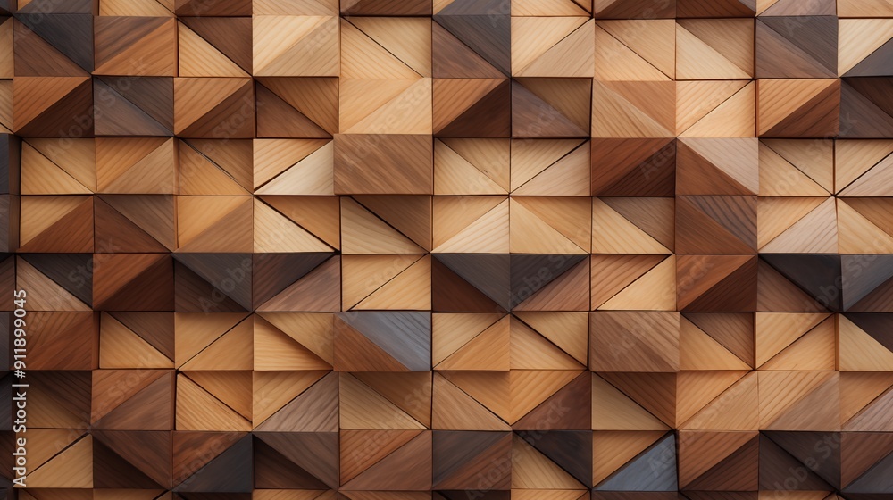 Poster a textured wall made of wooden panels arranged in a geometric pattern, featuring various shades of b