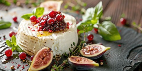 Appetizing soft cheese starter adorned with sliced figs honey crimson berries and basil foliage