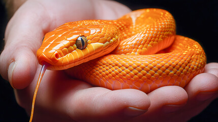 Fototapeta premium Close up of human hands gently holding and presenting an orange colored exotic snake species coiled around the fingers