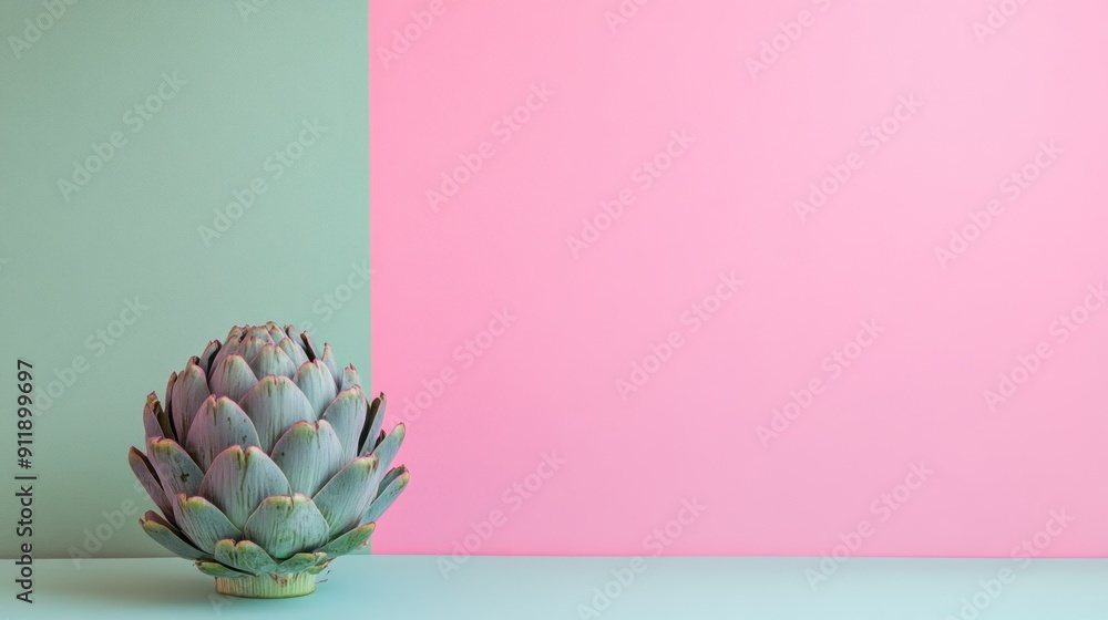 Poster Artichoke on a green and pink background.