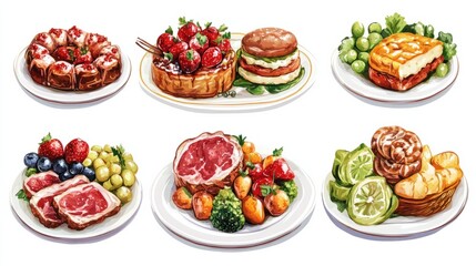 Set of festive meals of meat and vegetables and sweets on white background isolated Menu set