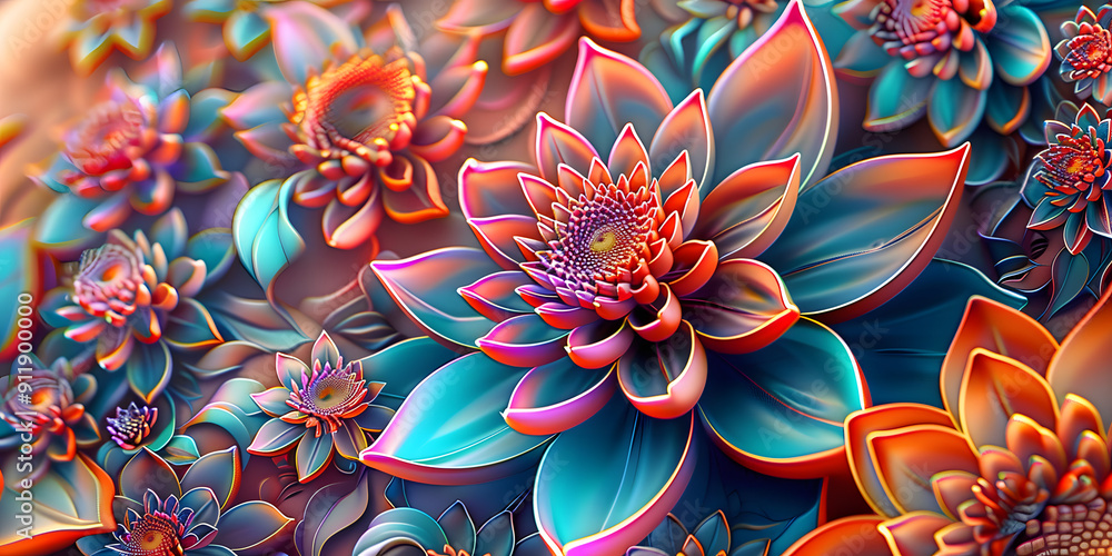 Sticker vibrant 3d flower wallpaper on a futuristic 3d background, ideal for wall art and home decor, showca