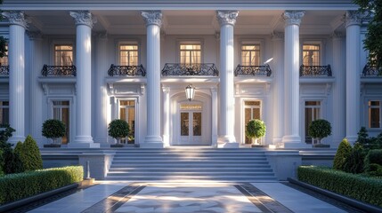 Obraz premium Colonial Mansion, symmetrical design with white pillars, afternoon lighting