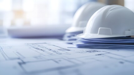 Close-up of blueprints and architectural drawings with white hard hats, symbolizing construction design planning process