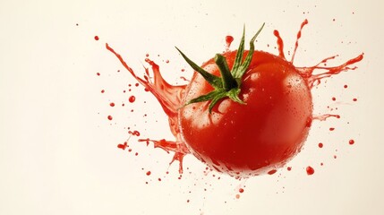 A red tomato bursts with juice, creating a dramatic splash against a white background.